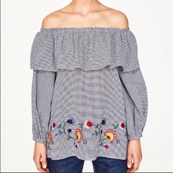 Zara Woman Off Shoulder Gingham Peasant Blouse XS - Picture 1 of 13
